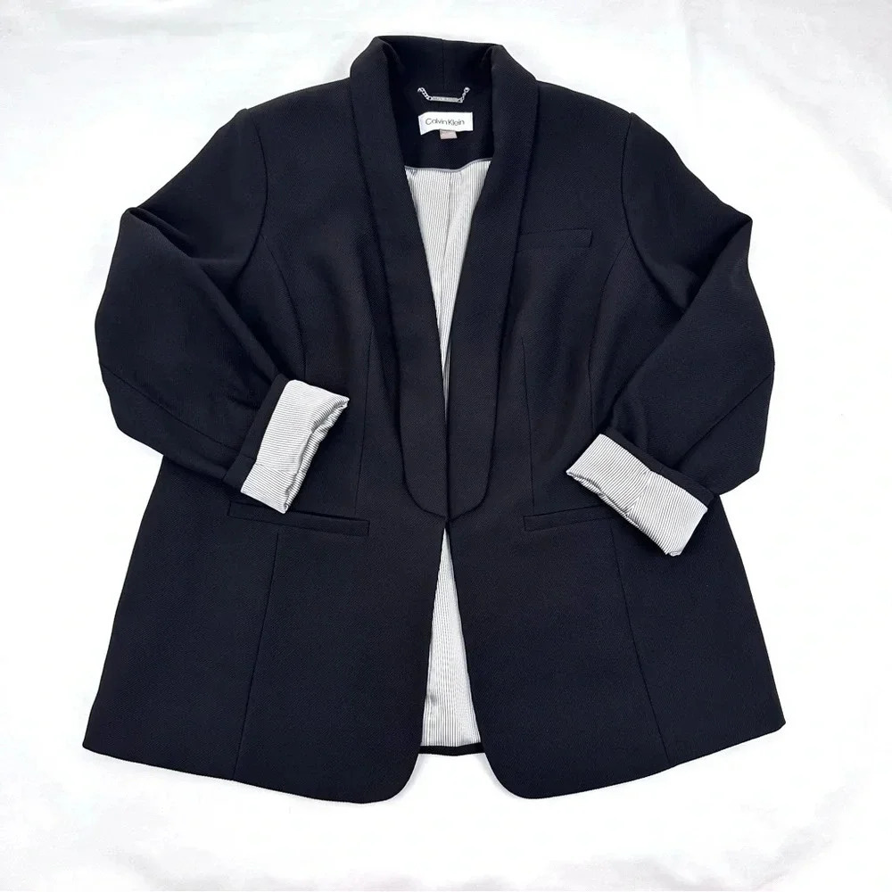 Calvin Klein Womens Roll Sleeve Open Front Black Blazer Plus Size